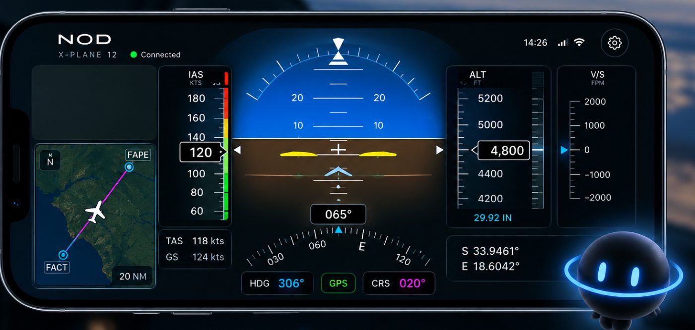 NOD running on iPhone, connected to X-Plane 12, showing live flight instruments