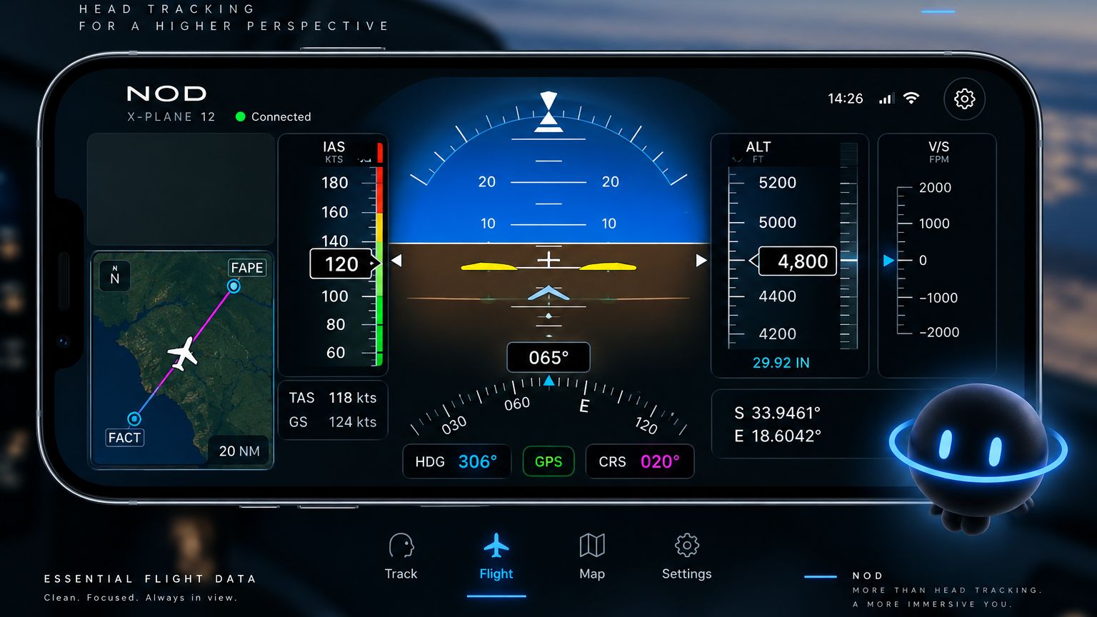 NOD on iPhone in the cockpit, showing X-Plane 12 flight data
